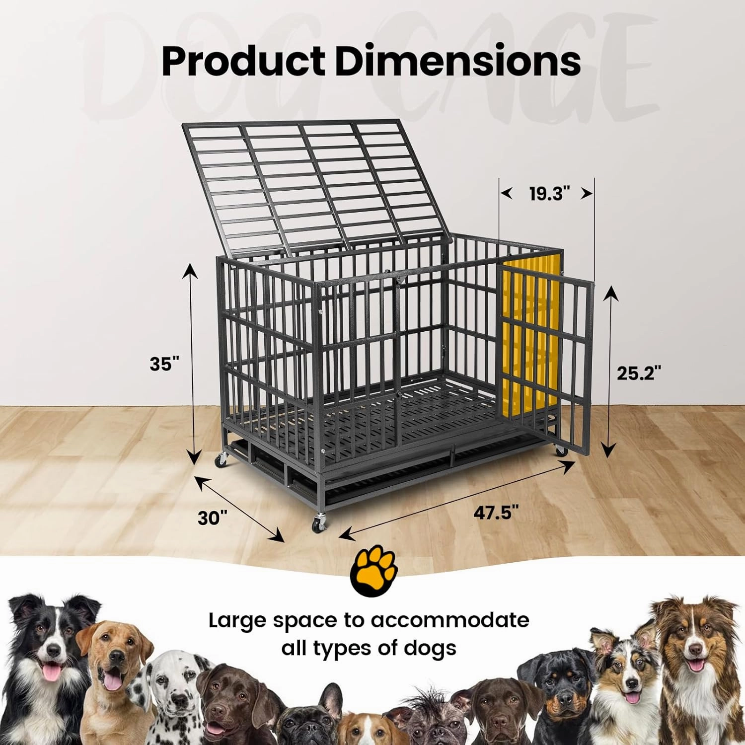 48 inch Heavy Duty Indestructible Dog Crate,2025 New Upgraded Reinforced Baseplate for Large Dogs,XL Dog Crate for High Anxiety Dogs/Max Load Capacity 220lbs/Double Door with Wheels