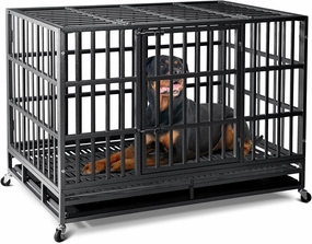 48 inch Heavy Duty Indestructible Dog Crate,2025 New Upgraded Reinforced Baseplate for Large Dogs,XL Dog Crate for High Anxiety Dogs/Max Load Capacity 220lbs/Double Door with Wheels