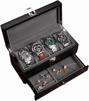 4 Slot Watch Box with Drawer Jewelry Organizer Watch Display Case Wood Watch Storage Boxes with Locking Clasp and Pillow(Black)