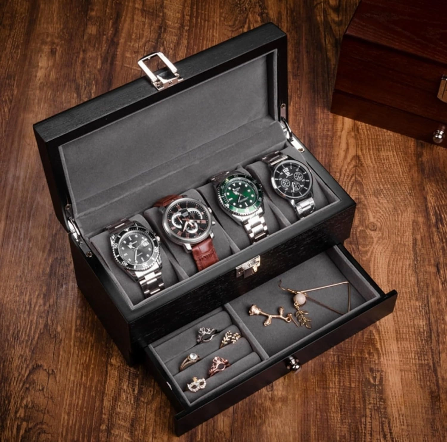 4 Slot Watch Box with Drawer Jewelry Organizer Watch Display Case Wood Watch Storage Boxes with Locking Clasp and Pillow(Black)