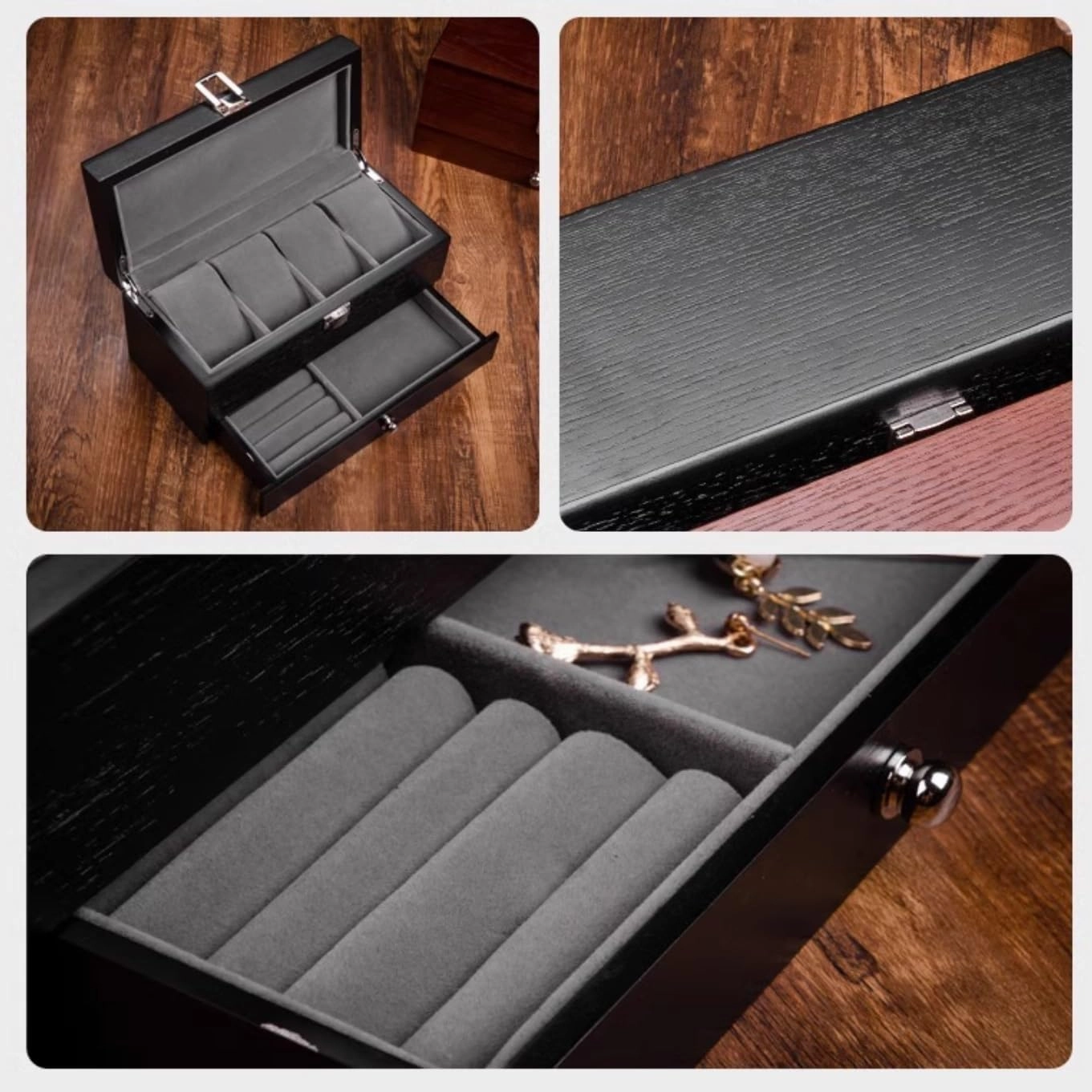 4 Slot Watch Box with Drawer Jewelry Organizer Watch Display Case Wood Watch Storage Boxes with Locking Clasp and Pillow(Black)