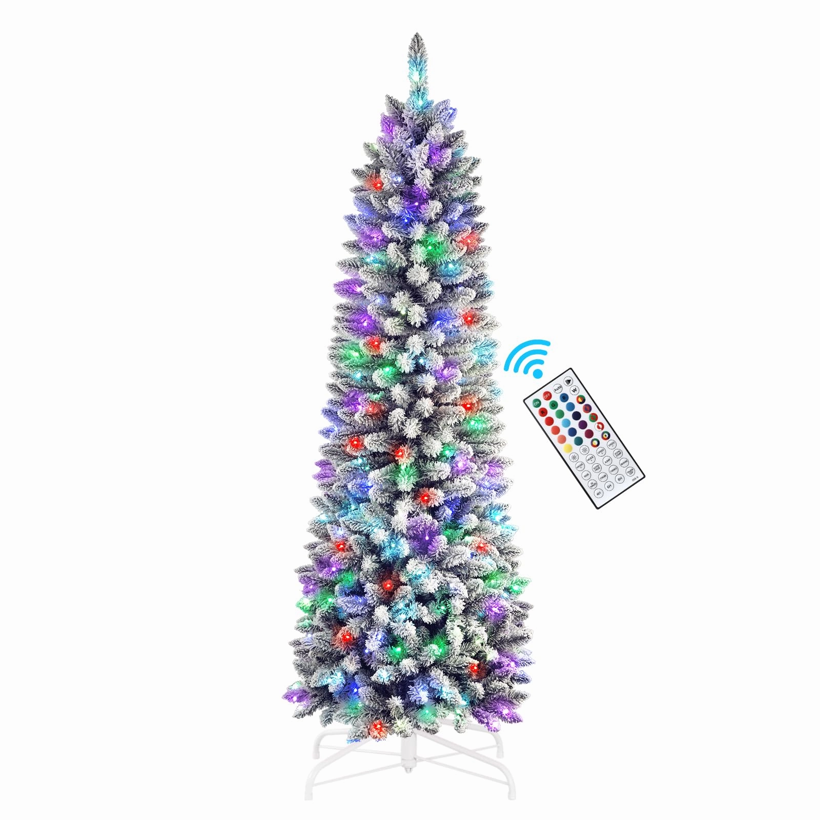 4ft Prelit Snow Flocked Artificial Pencil Christmas Tree with Multi-Color RGB Lights and Remote