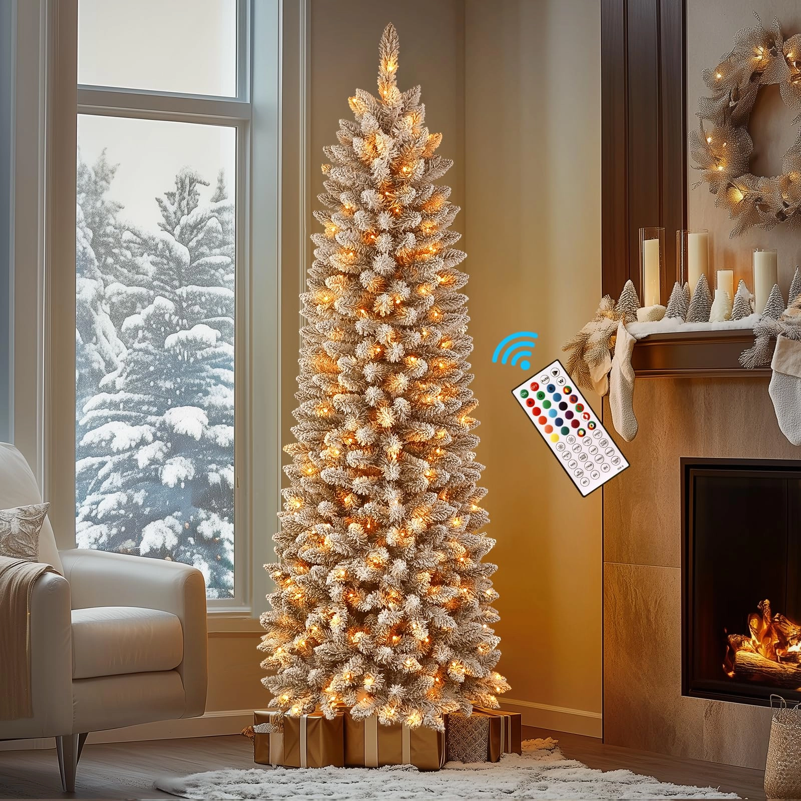 4ft Prelit Snow Flocked Artificial Pencil Christmas Tree with Multi-Color RGB Lights and Remote