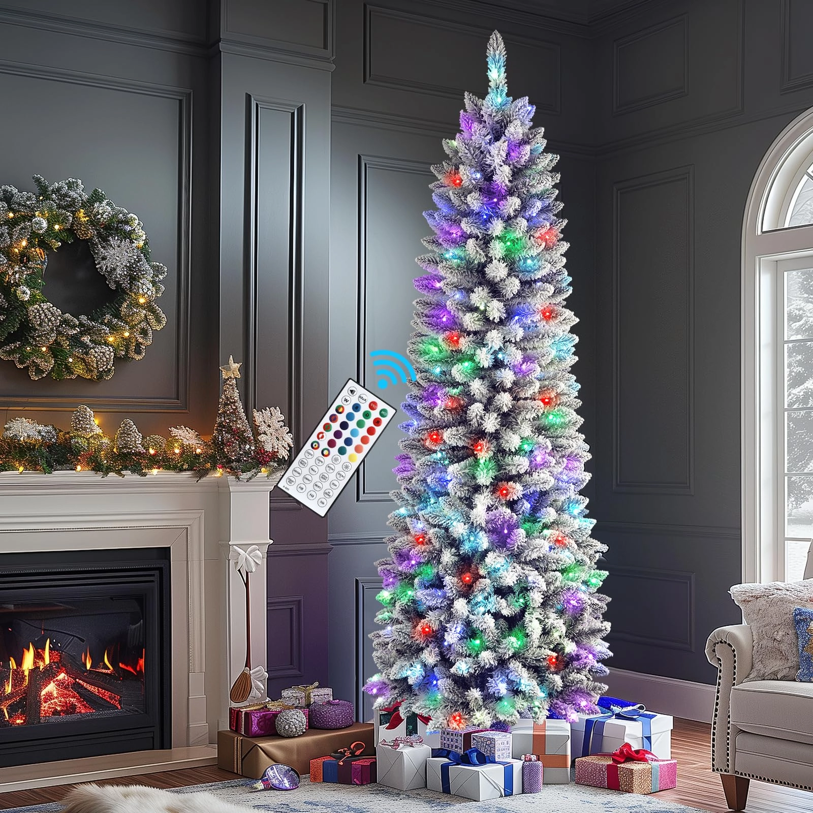 4ft Prelit Snow Flocked Artificial Pencil Christmas Tree with Multi-Color RGB Lights and Remote