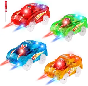 4pcs Tracks Cars Replacement Only - Light Up Magic Cars for Tracks Compatible with Glow in the Dark Toy Cars with 5 Led Flashing Lights for Most Race Tracks, Toys for 3  Years Old Childs Boy and Girls