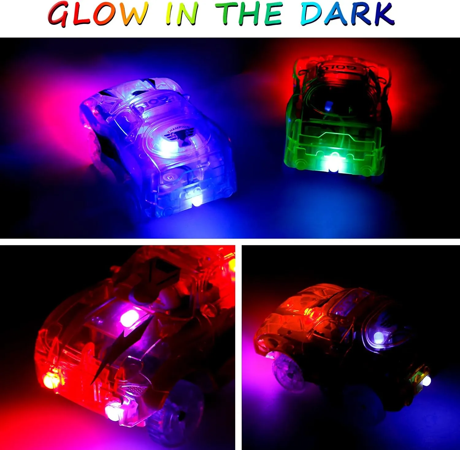 4pcs Tracks Cars Replacement Only - Light Up Magic Cars for Tracks Compatible with Glow in the Dark Toy Cars with 5 Led Flashing Lights for Most Race Tracks, Toys for 3  Years Old Childs Boy and Girls