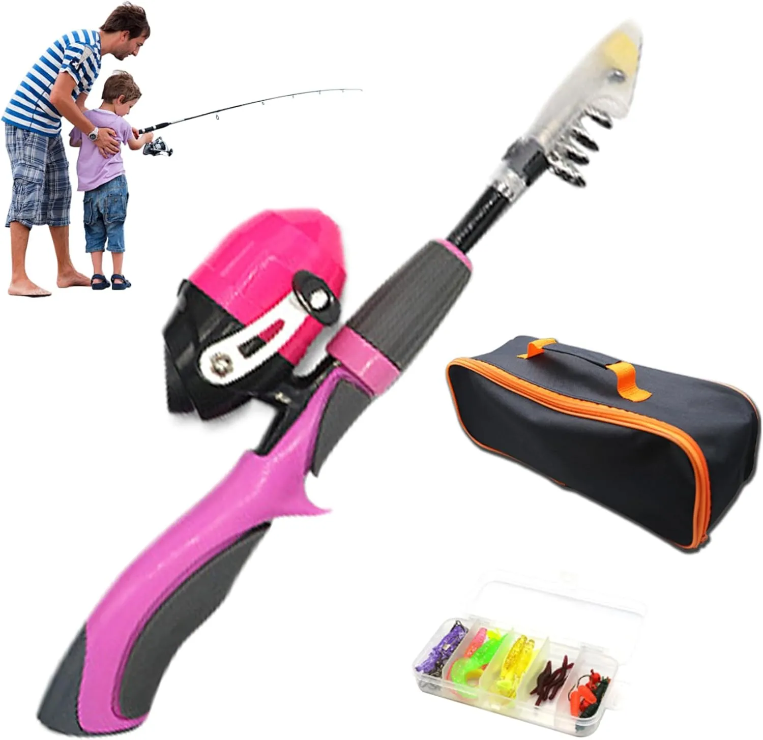4Pcs/Set Kids Fishing Set Portable Telescopic Fishing Rod 6-Section Beginner Pole with Spinning Reel, Portable Bag, Tackle Box for Boys, Girls, Youth Gift Kids Rod