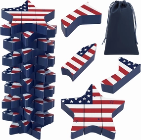 4th of July Wooden Blocks Stacking Game for Kids, 45 PCS Tumbling Tower and Balance Game, Patriotic Stacking Board Toy with Storage Bag for Family & Party Fun Decor, Independence Day Star Flag