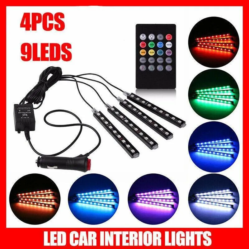 4X 12V 9Led Rgb Car Interior Led Strip Lights Wireless Remote Control Music  Au