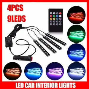 4X 12V 9Led Rgb Car Interior Led Strip Lights Wireless Remote Control Music  Au