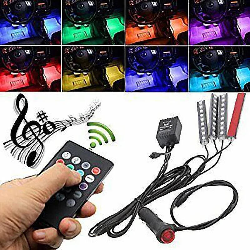 4X 12V 9Led Rgb Car Interior Led Strip Lights Wireless Remote Control Music  Au