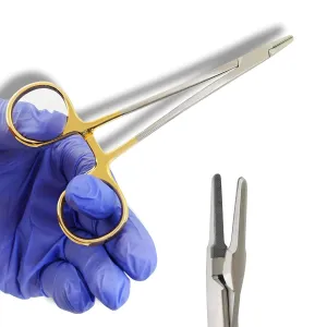5" T/C Micro Ryder Needle Holder Driver with Tungsten Carbide Inserts Cross Serrated Jaws Straight Tip with Locking Mechanism and Gold Rings - Premium Grade Instrument