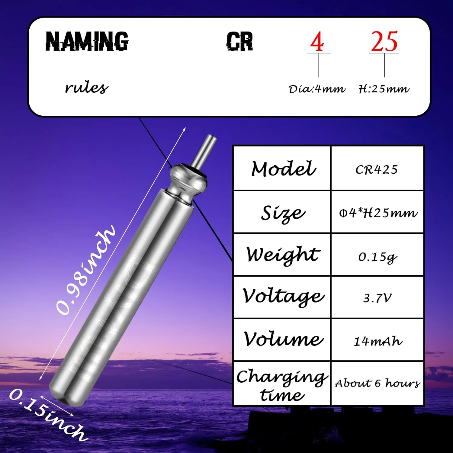 6 Pcs Fishing Glow Sticks LED Fishing Pole Light Night Fish Alert Glow Stick with 8 Pcs Rechargeable CR425 Battery and Battery Charger