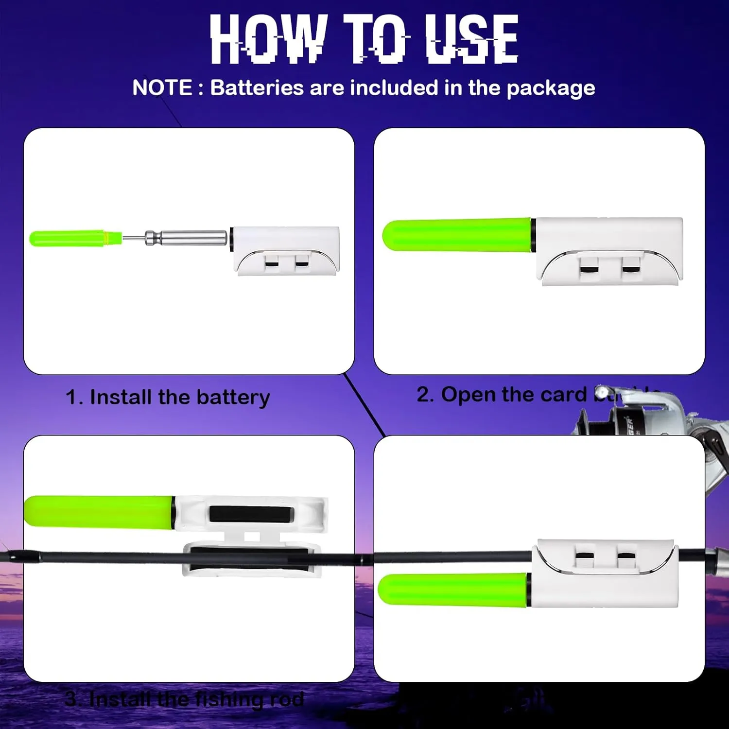 6 Pcs Fishing Glow Sticks LED Fishing Pole Light Night Fish Alert Glow Stick with 8 Pcs Rechargeable CR425 Battery and Battery Charger