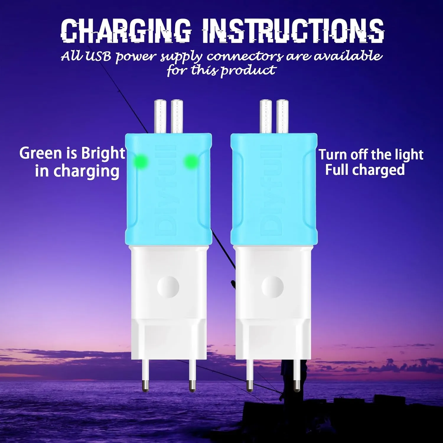 6 Pcs Fishing Glow Sticks LED Fishing Pole Light Night Fish Alert Glow Stick with 8 Pcs Rechargeable CR425 Battery and Battery Charger