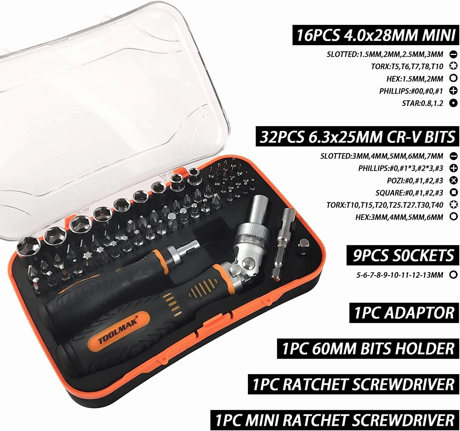 61pcs Ratcheting Screwdriver Set,Socket Set,Precision Screwdriver Bit Set with Rotatable Ratchet Handles ＆ Storage Case,Household Repair Tool Kits for Bike Watches and glasses,phones etc