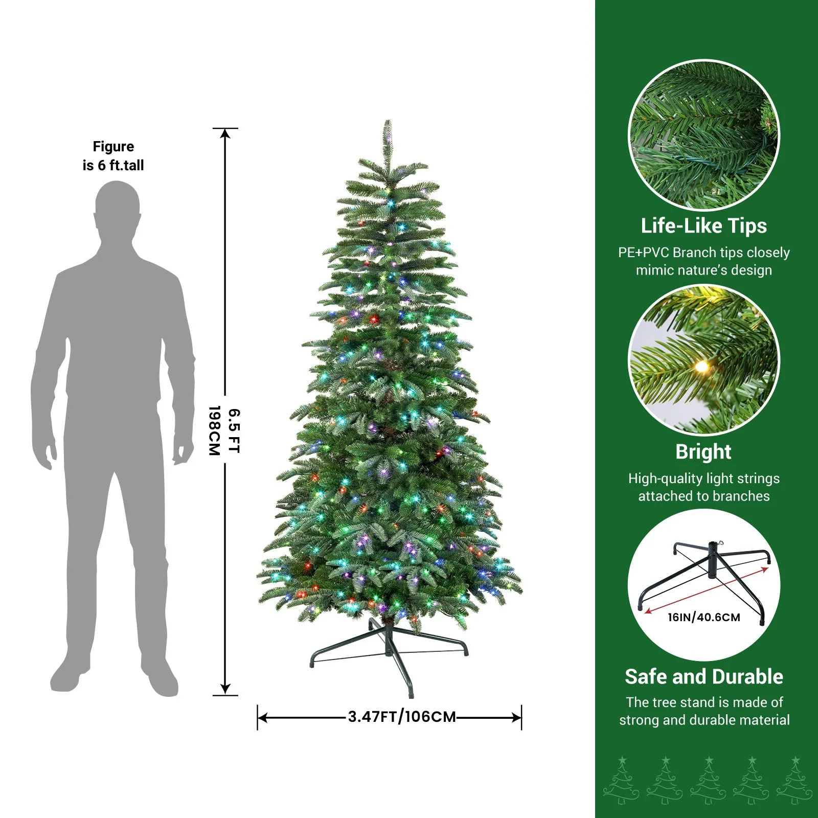 6ft Prelit Artificial Realistic Christmas Tree with Multi-Color RGB Lights and Remote