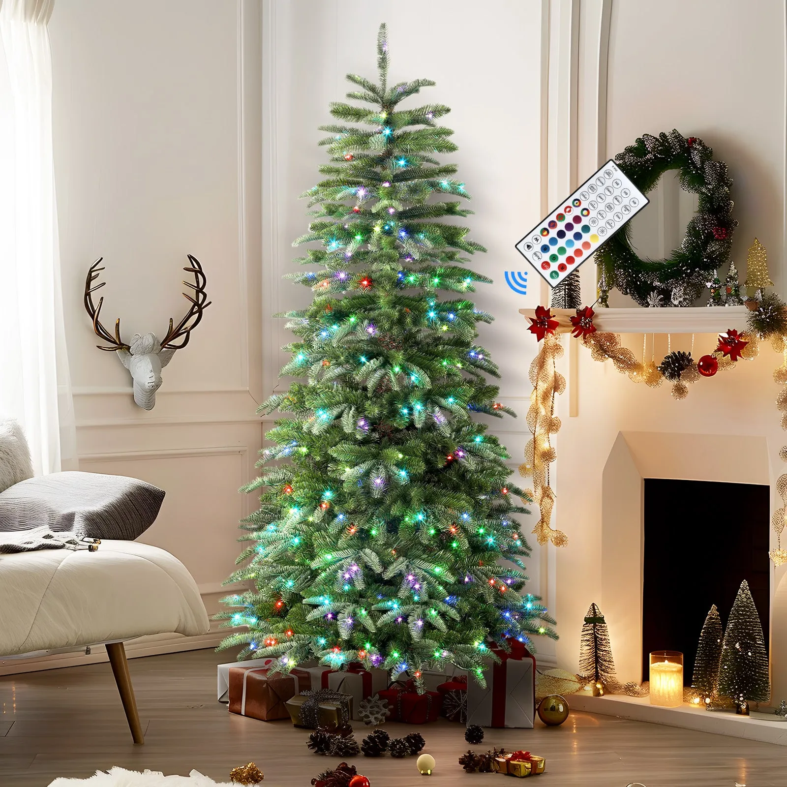 6ft Prelit Artificial Realistic Christmas Tree with Multi-Color RGB Lights and Remote