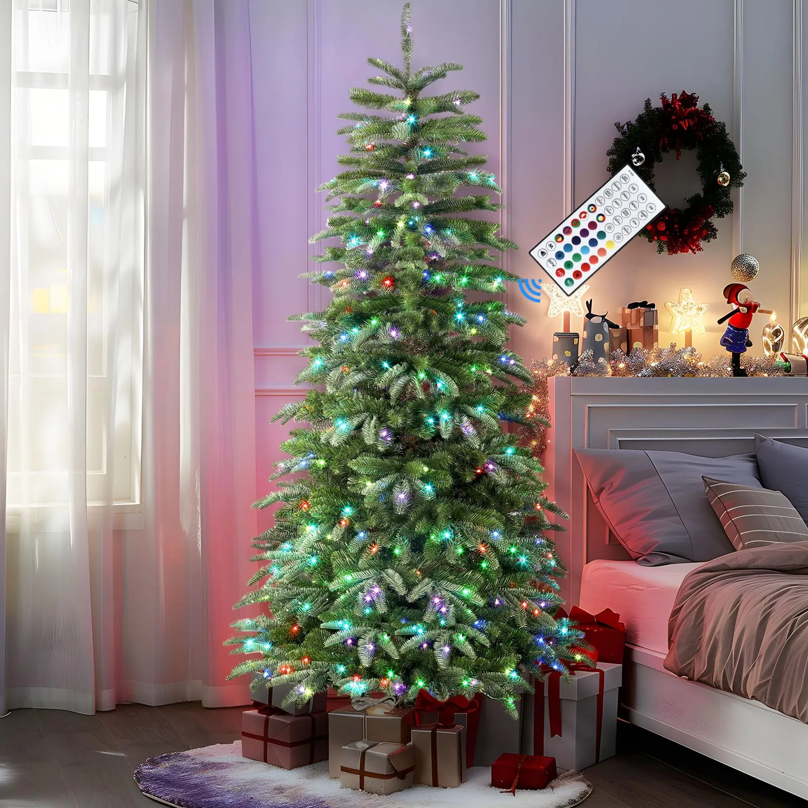 6ft Prelit Artificial Realistic Christmas Tree with Multi-Color RGB Lights and Remote