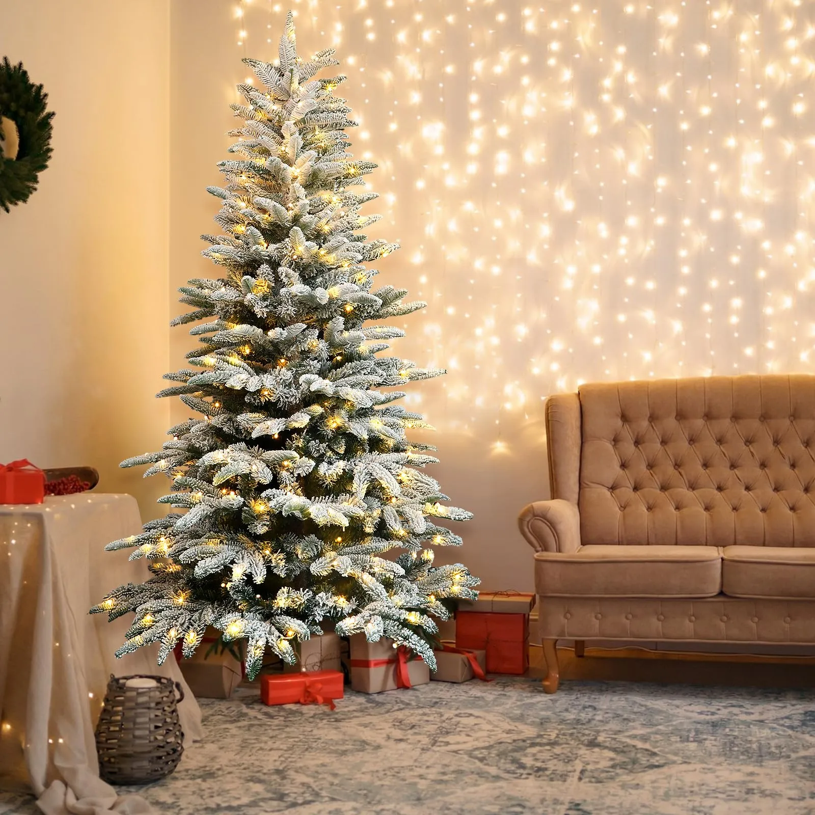 6ft Realistic White Flocked Artificial Christmas Trees with 380 Multi-Color RGB Lights and Remote
