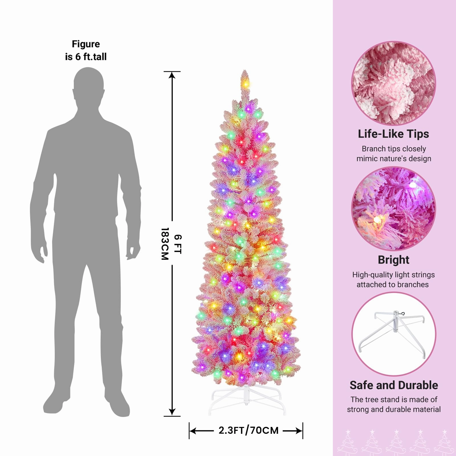 6ft Prelit Multi-Color RGB Lights Snow Flocked Artificial Hinged Slim Pencil Christmas Tree with Remote Control