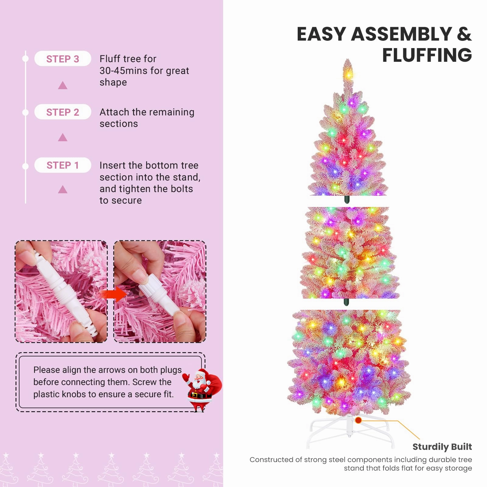 6ft Prelit Multi-Color RGB Lights Snow Flocked Artificial Hinged Slim Pencil Christmas Tree with Remote Control