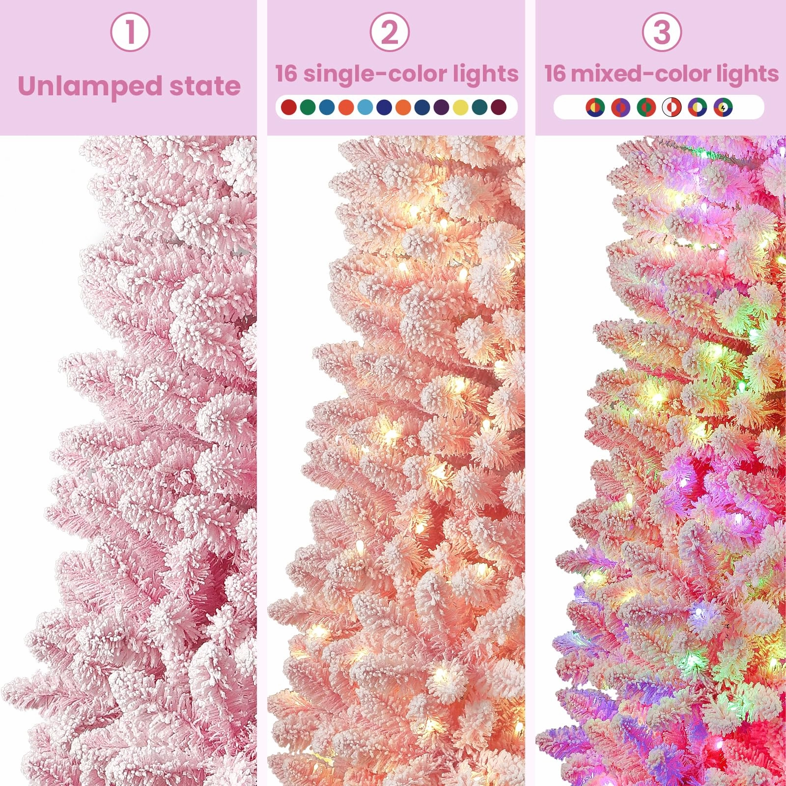 6ft Prelit Multi-Color RGB Lights Snow Flocked Artificial Hinged Slim Pencil Christmas Tree with Remote Control
