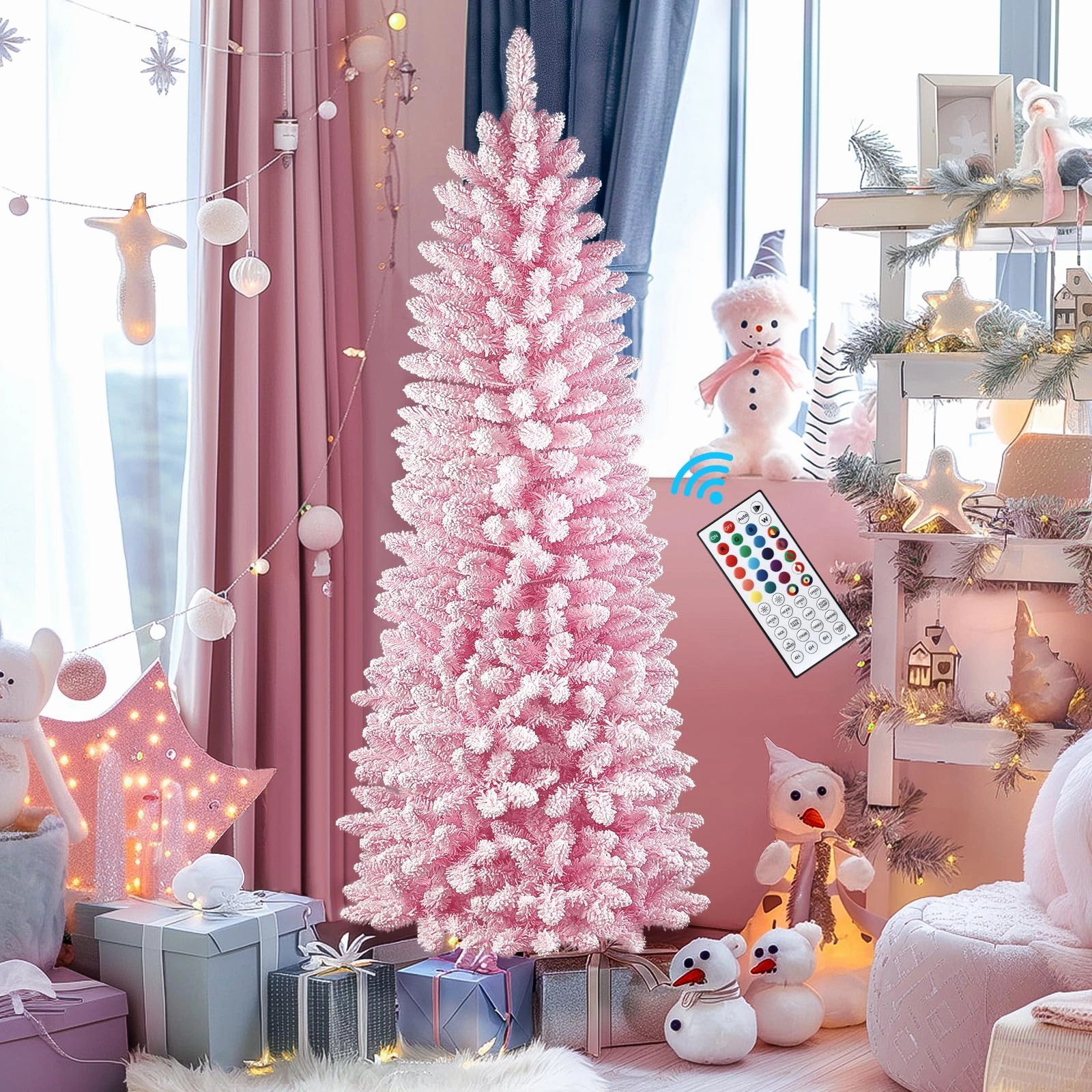 6ft Prelit Multi-Color RGB Lights Snow Flocked Artificial Hinged Slim Pencil Christmas Tree with Remote Control
