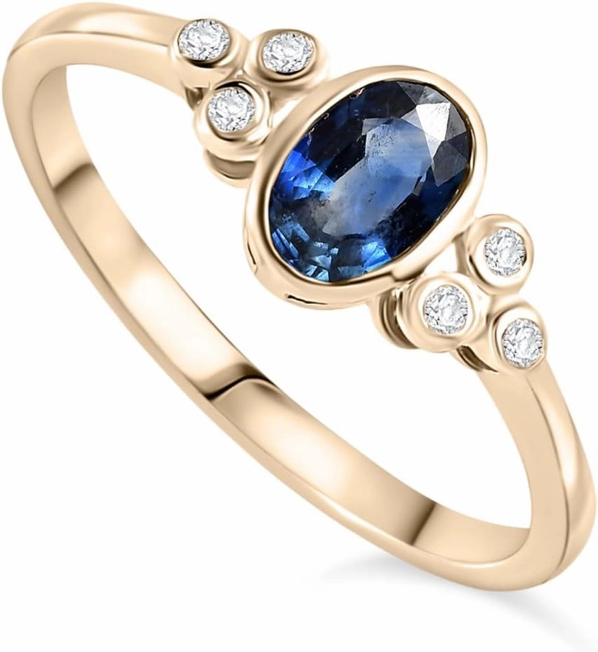 6x4 mm Natural Blue Sapphire with Diamond Side Stone Ring for Women in 14k Solid Yellow Gold | September Birthstone Gift for Her Birthday | Engagement | Wedding | Anniversary