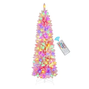 7.5ft Prelit Flocked Pink Artificial Slim Pencil Christmas Trees with Multi-Color RGB Lights and Remote