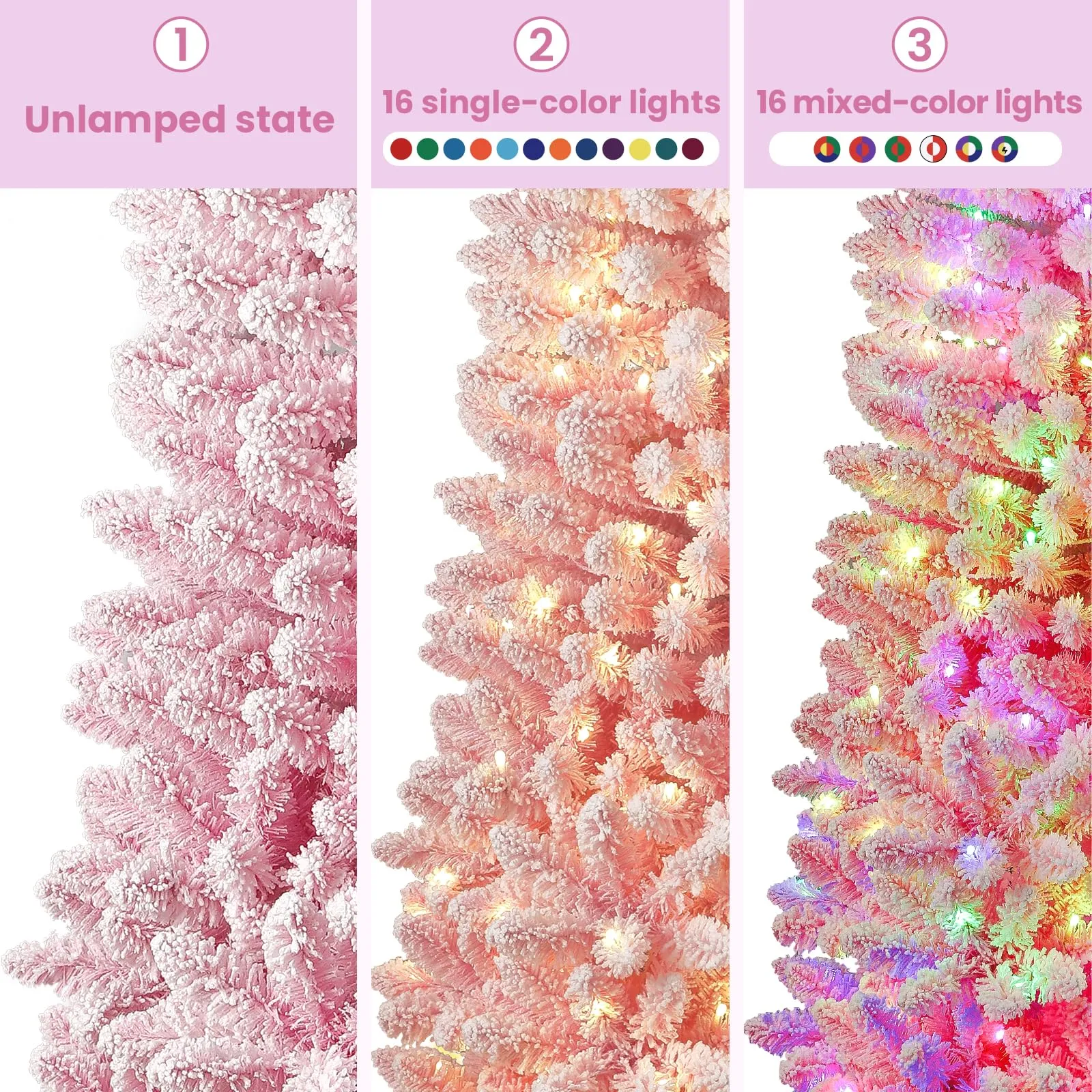7.5ft Prelit Flocked Pink Artificial Slim Pencil Christmas Trees with Multi-Color RGB Lights and Remote