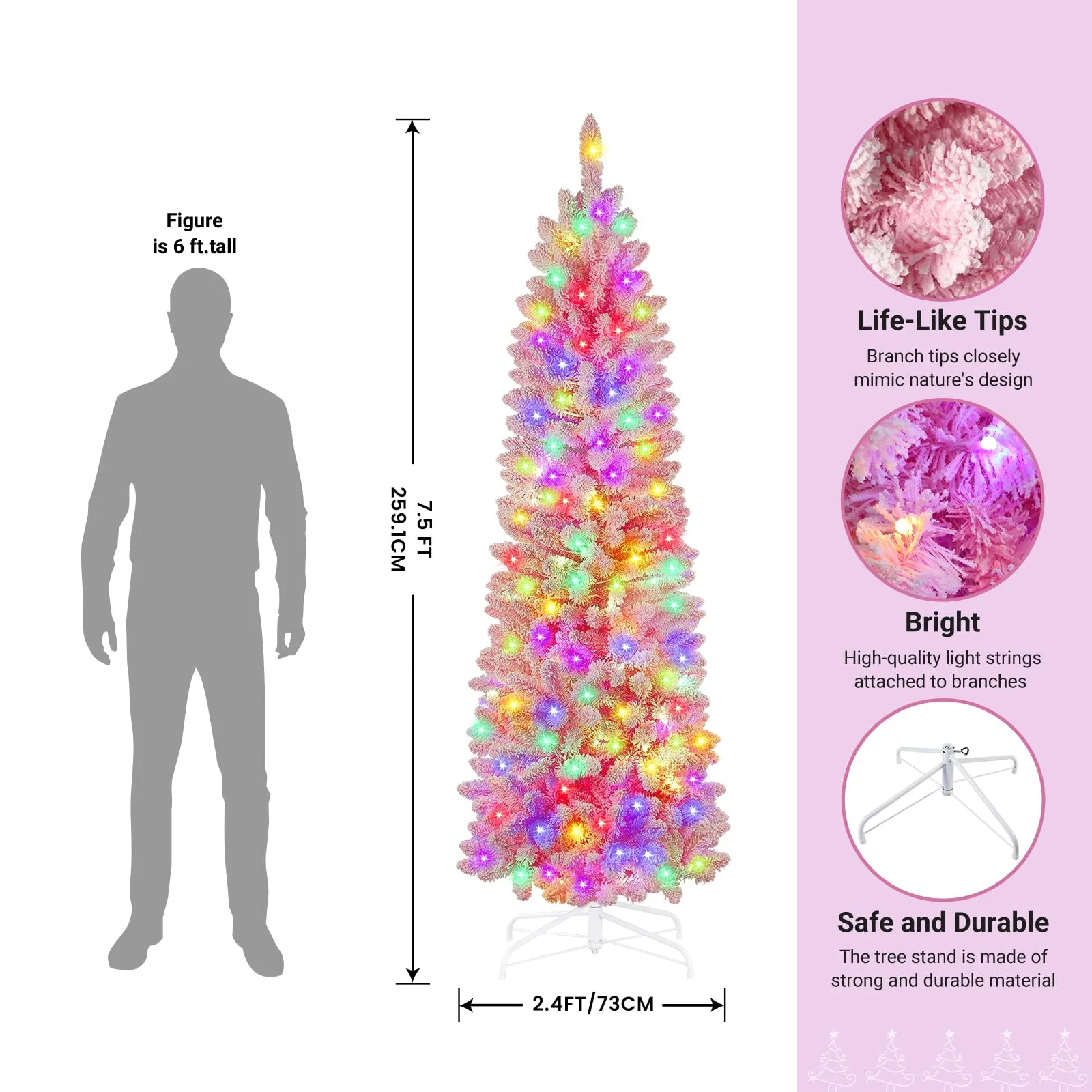 7.5ft Prelit Flocked Pink Artificial Slim Pencil Christmas Trees with Multi-Color RGB Lights and Remote