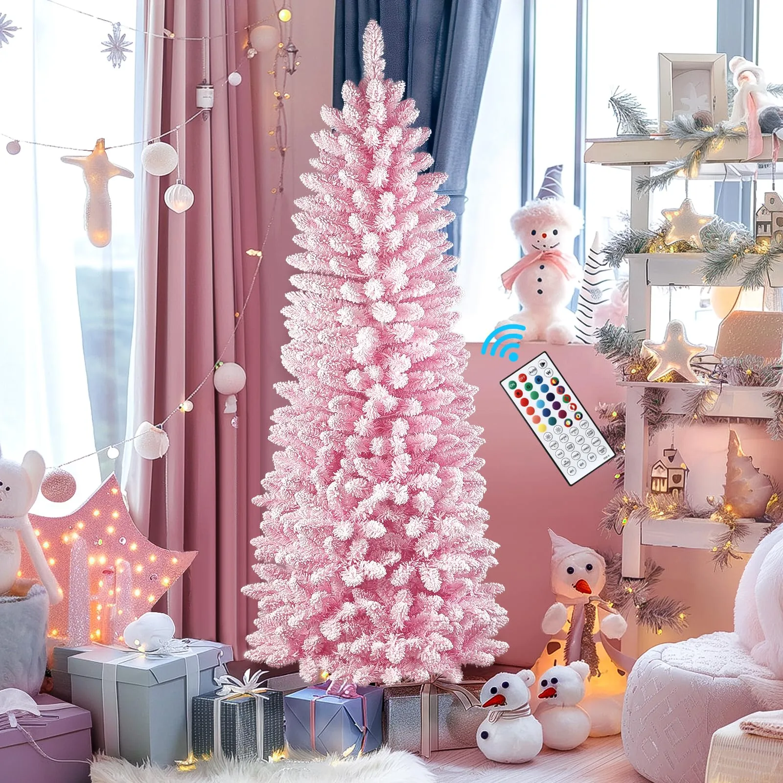7.5ft Prelit Flocked Pink Artificial Slim Pencil Christmas Trees with Multi-Color RGB Lights and Remote