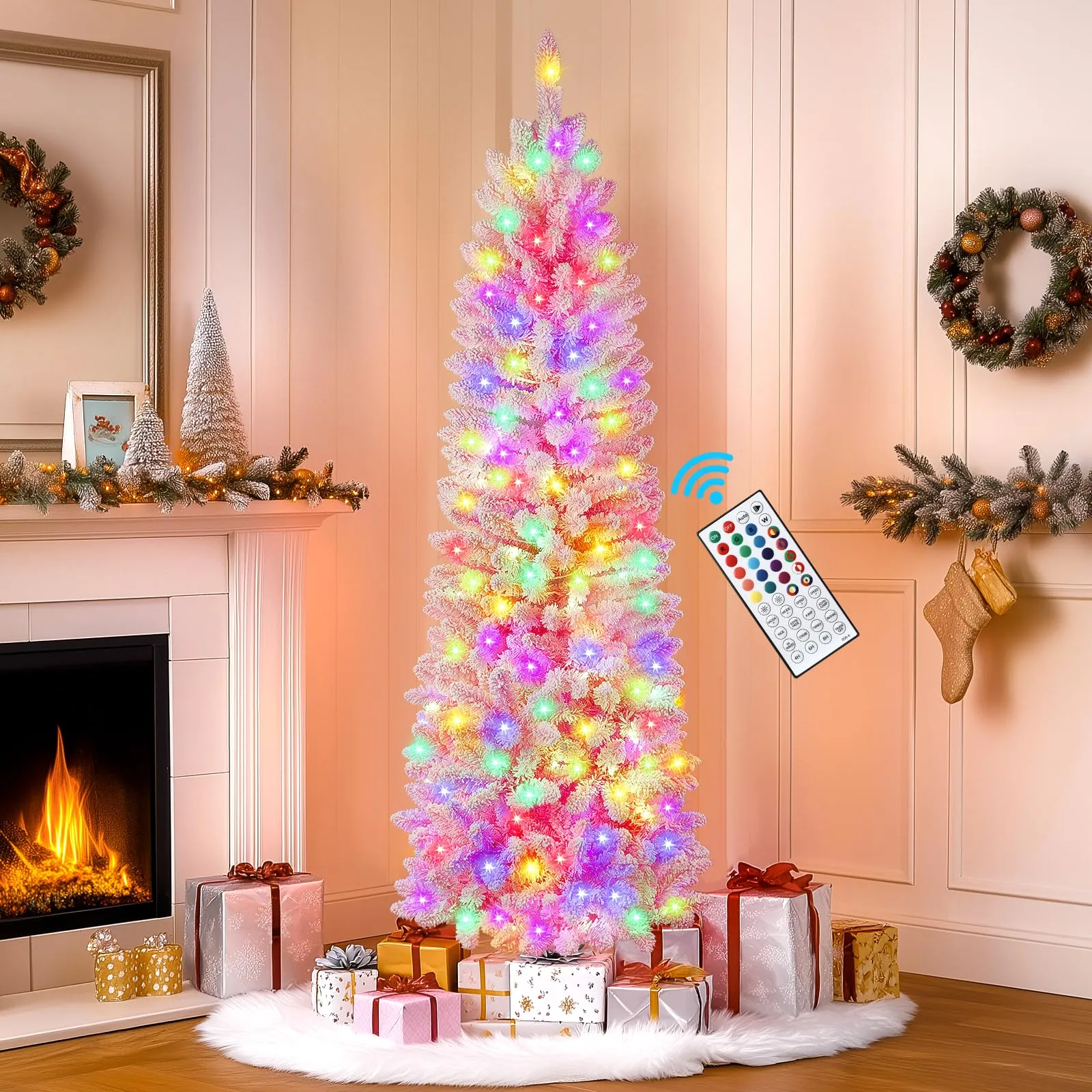 7.5ft Prelit Flocked Pink Artificial Slim Pencil Christmas Trees with Multi-Color RGB Lights and Remote