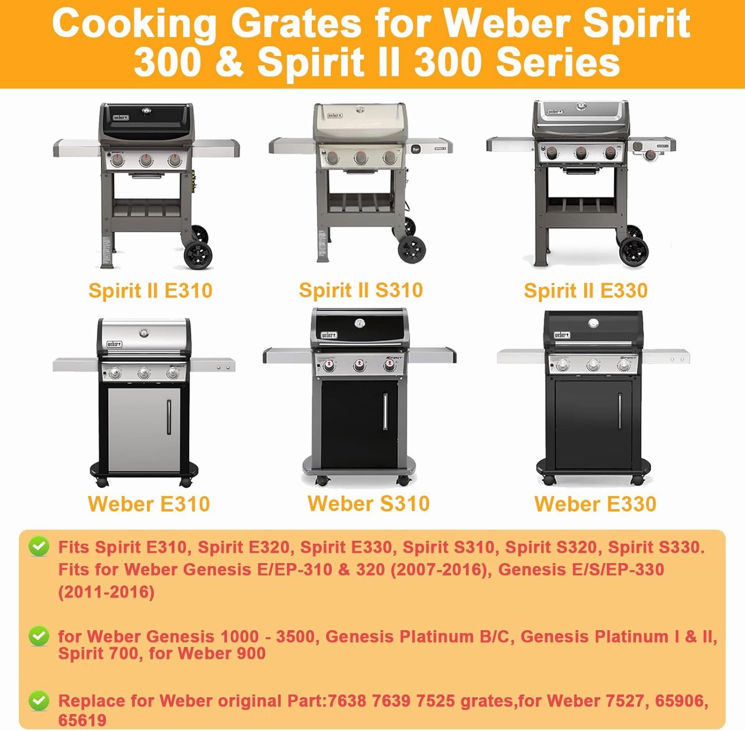 7639 Cooking Grates for Weber Spirit 300 & Spirit II 300 Series E310 E320 S310 S320 E/S 330, Grill Grates for Weber Genesis Silver B/C Genesis Gold B/C Grates, 7638 65906 Grates, 304 Stainless Steel