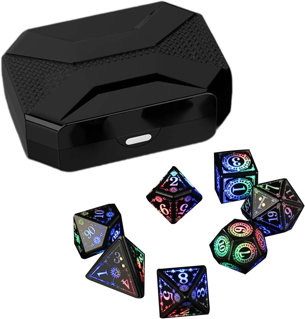 7Pcs Glowing Polyhedral Dices with Charging Box Rechargeable LED Colorful Light Electronic Dices for Role Playing Game