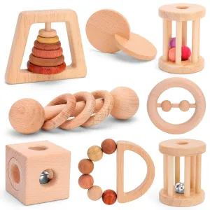 8 Pieces Montessori Baby Wooden Toys for 0-6-12 Months Babies, Wood Rattles and Teethers Toy Set with Bells for Newborn Infant Boys and Girls Gifts