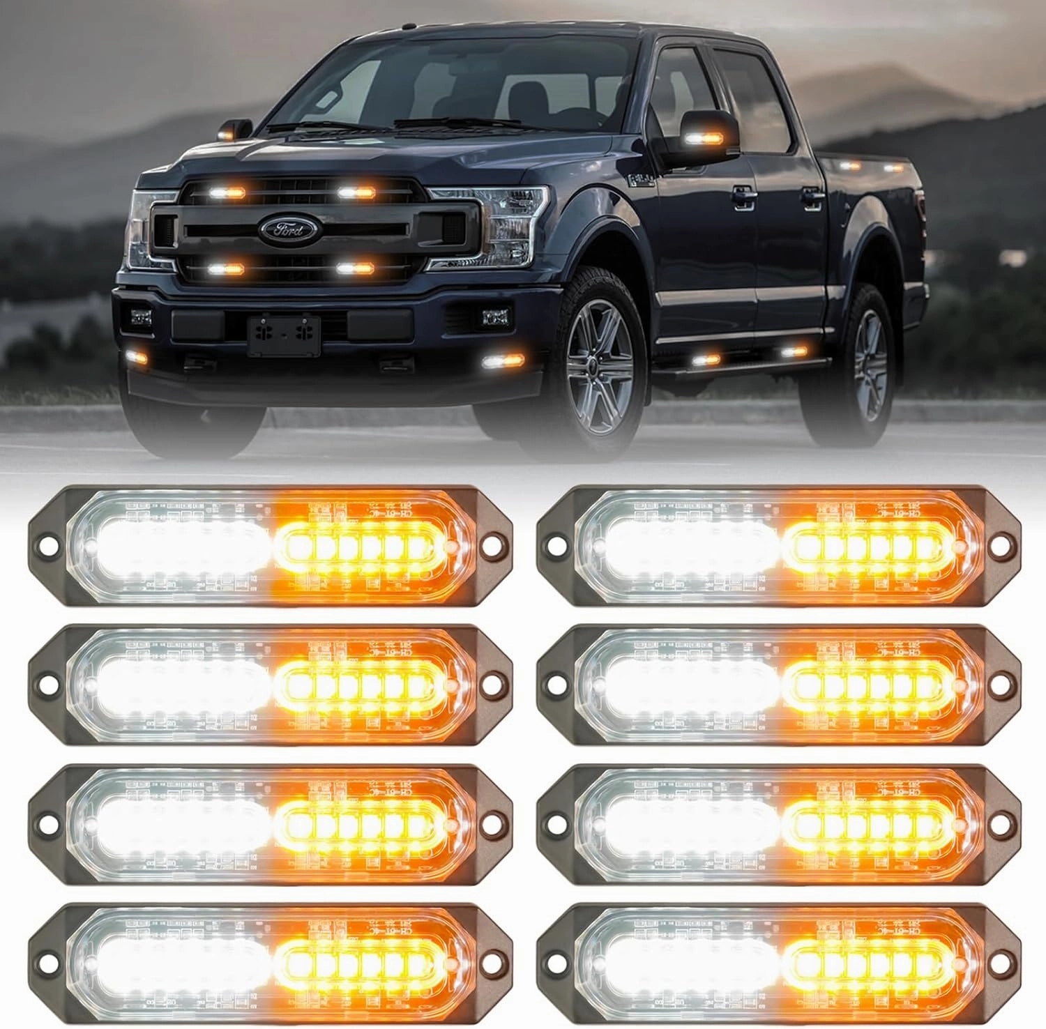 8-Pcs 12 LED Sync Feature Emergency Strobe Grille Lights Ultra Slim Surface Mount Hazard Warning Flashing Chase Light Bar for Construction/Police/Truck/Vehicles/Car/SUV/ATV/UTV (Amber/White)
