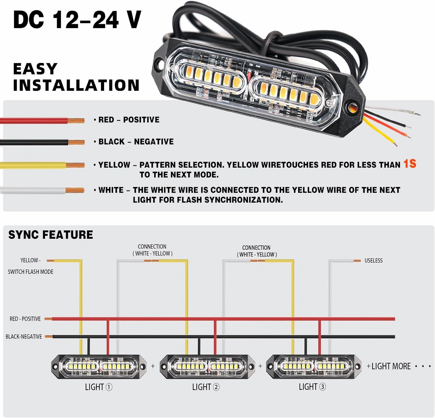 8-Pcs 12 LED Sync Feature Emergency Strobe Grille Lights Ultra Slim Surface Mount Hazard Warning Flashing Chase Light Bar for Construction/Police/Truck/Vehicles/Car/SUV/ATV/UTV (Amber/White)