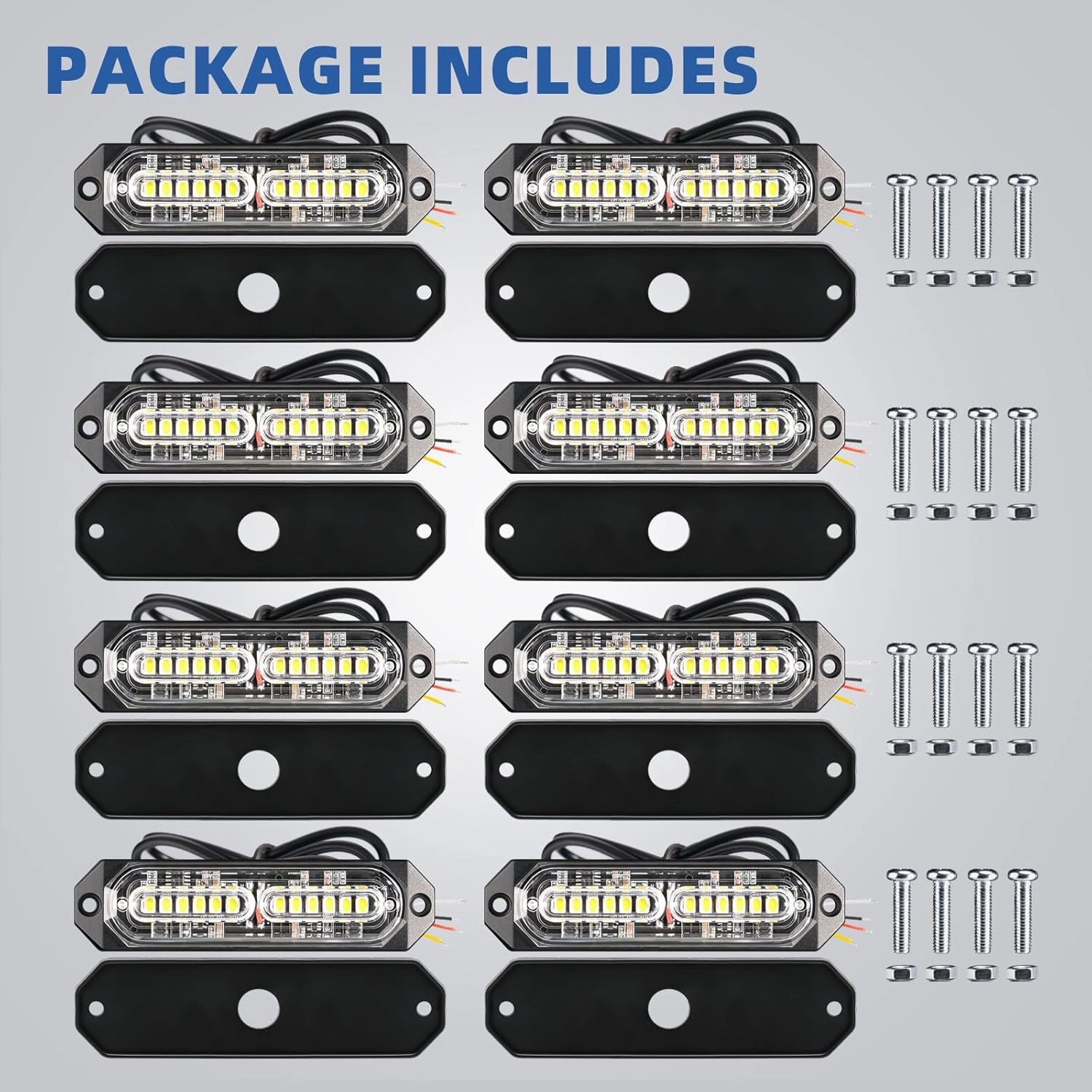 8-Pcs 12 LED Sync Feature Emergency Strobe Grille Lights Ultra Slim Surface Mount Hazard Warning Flashing Chase Light Bar for Construction/Police/Truck/Vehicles/Car/SUV/ATV/UTV (Amber/White)