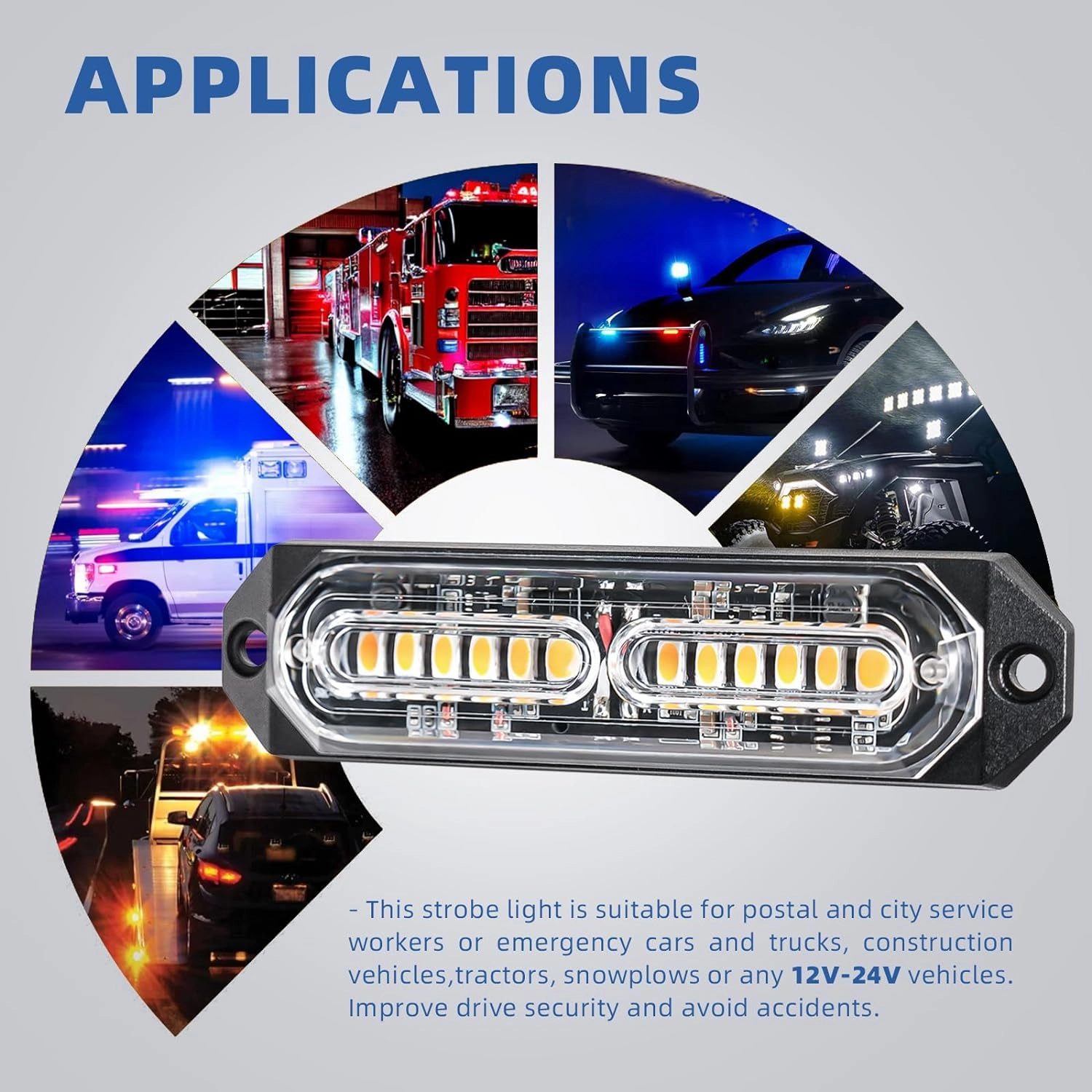 8-Pcs 12 LED Sync Feature Emergency Strobe Grille Lights Ultra Slim Surface Mount Hazard Warning Flashing Chase Light Bar for Construction/Police/Truck/Vehicles/Car/SUV/ATV/UTV (Amber/White)