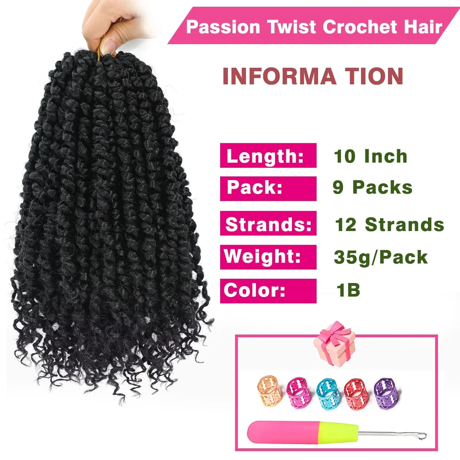 9 Pack Passion Twist Crochet Hair 10 Inch Pre-twisted Passion Twist Hair Pre Looped Boho Crochet Braids Hair for Women Girls and Kids (10Inch,1B)