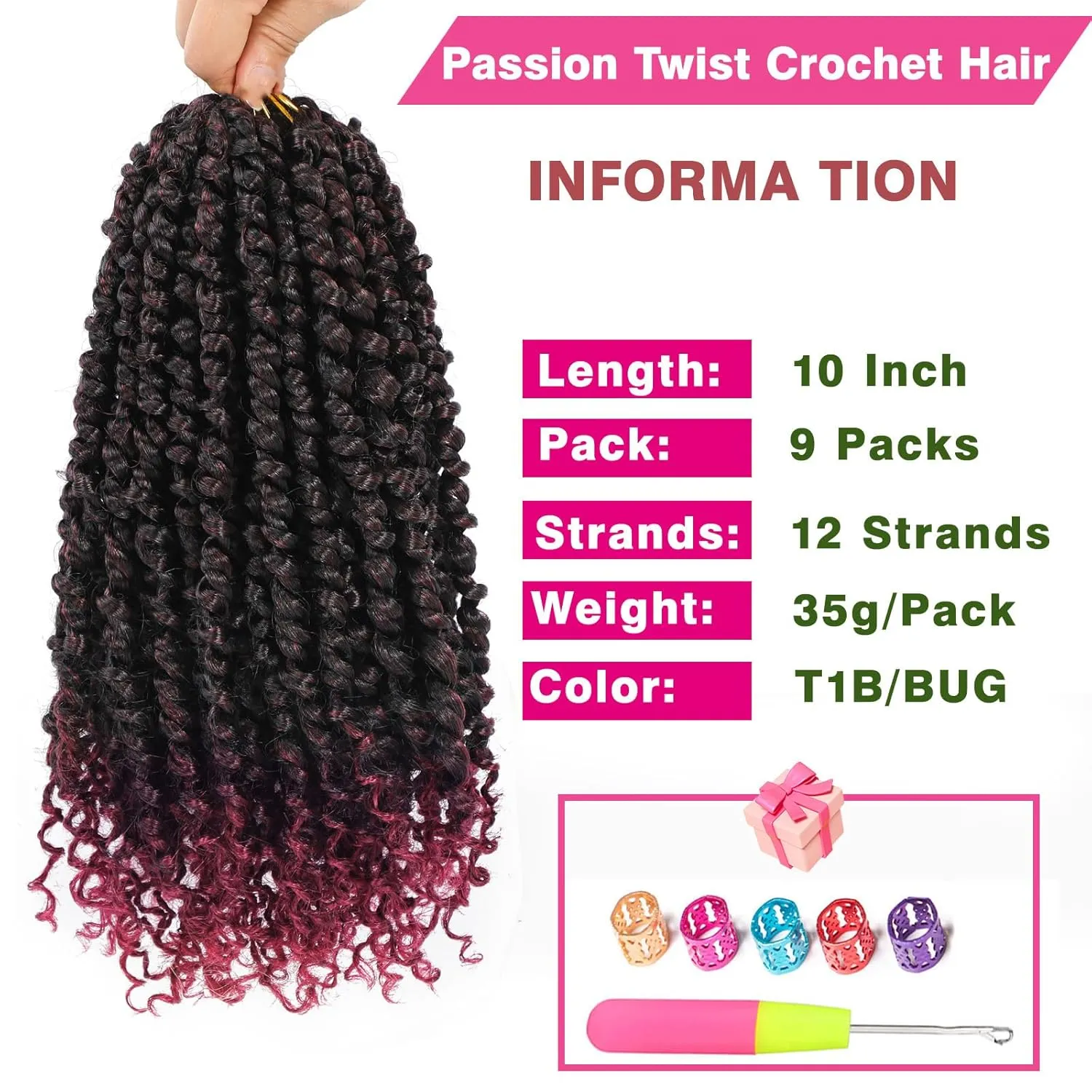 9 Packs Pre Looped Crochet Passion Twist Hair 10 Inch Pre-twisted Passion Twist Hair Passion Twist Crochet Hair Bohemian Passion Twist Crochet Braids Hair for Women Girls and Kids (10Inch,T1B/BUG)