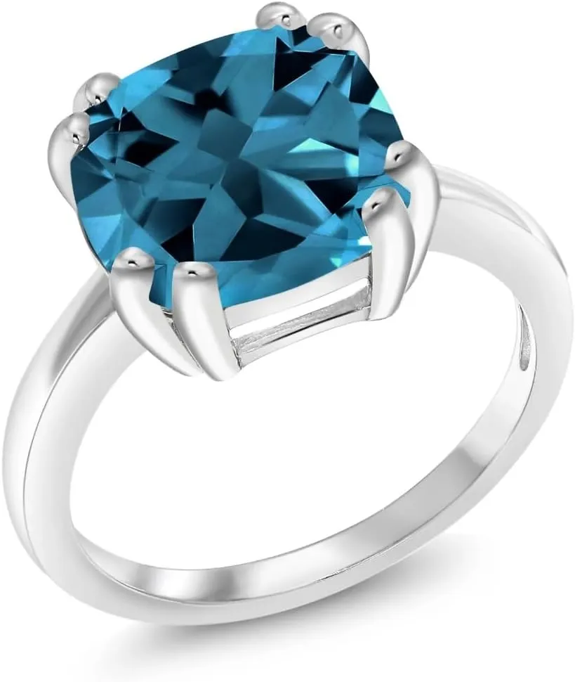 925 Sterling Silver London Blue Topaz Ring (4.35 Cttw, 10MM Cushion Cut Gemstone December Birthstone Engagement Ring For Women