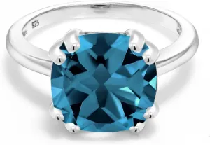 925 Sterling Silver London Blue Topaz Ring (4.35 Cttw, 10MM Cushion Cut Gemstone December Birthstone Engagement Ring For Women
