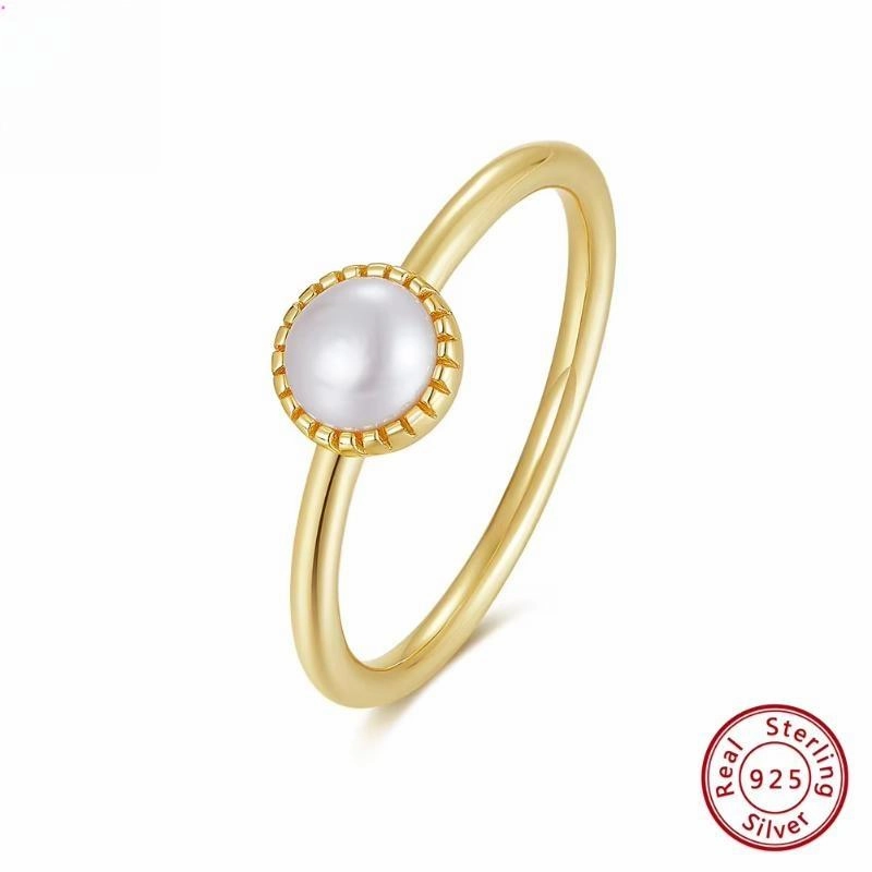 925 Sterling Silver Freshwater Pearl Stacking Rings 14K Gold Plated Dainty Finger Band for Women