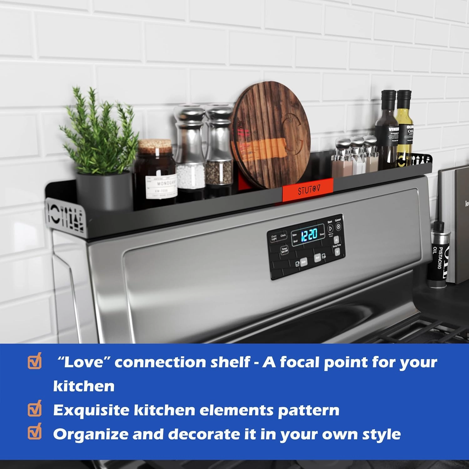"STUTOV Magnetic Spice/Seasoning Rack for Stove Top Organization, 30" Length, Oven Shelf (Black With Red STUTOV)"