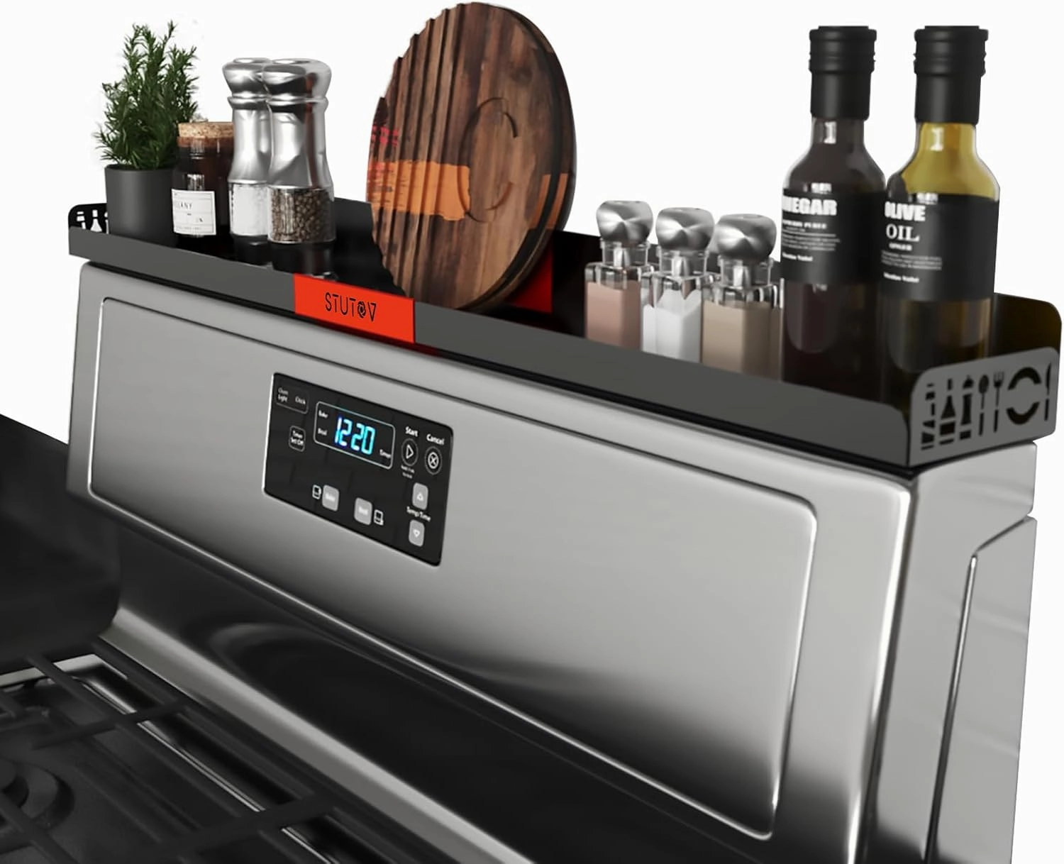 "STUTOV Magnetic Spice/Seasoning Rack for Stove Top Organization, 30" Length, Oven Shelf (Black With Red STUTOV)"