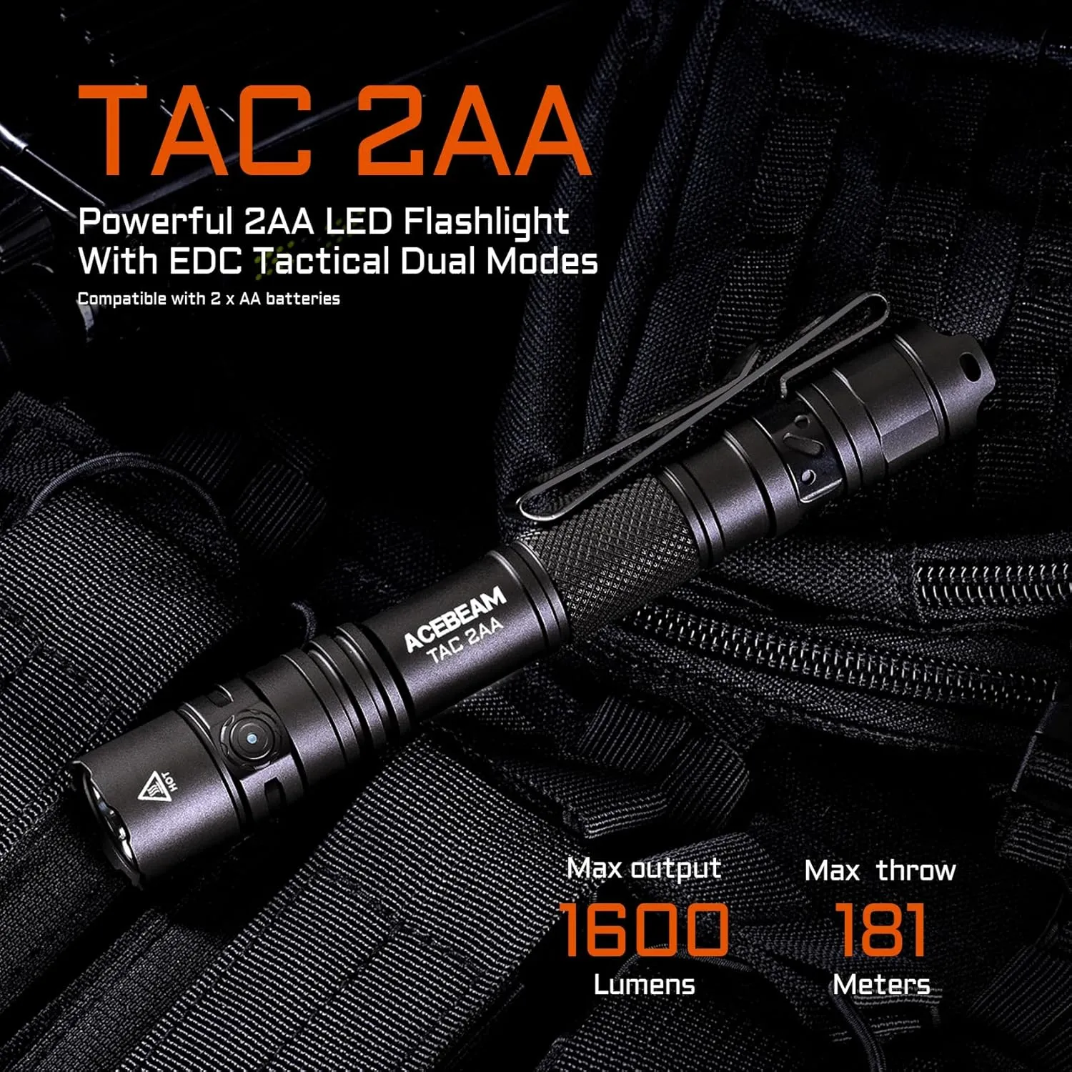 ACEBEAM TAC 2AA EDC Tactical Dual Modes Flashlight Rechargeable, 1600 High Lumens Flashlight, Dual Switch Pocket LED Flashlight, Super Bright Small Flash Light for Emergency, Camping, Home