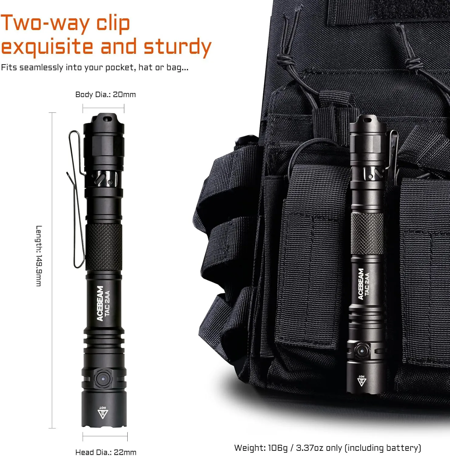 ACEBEAM TAC 2AA EDC Tactical Dual Modes Flashlight Rechargeable, 1600 High Lumens Flashlight, Dual Switch Pocket LED Flashlight, Super Bright Small Flash Light for Emergency, Camping, Home